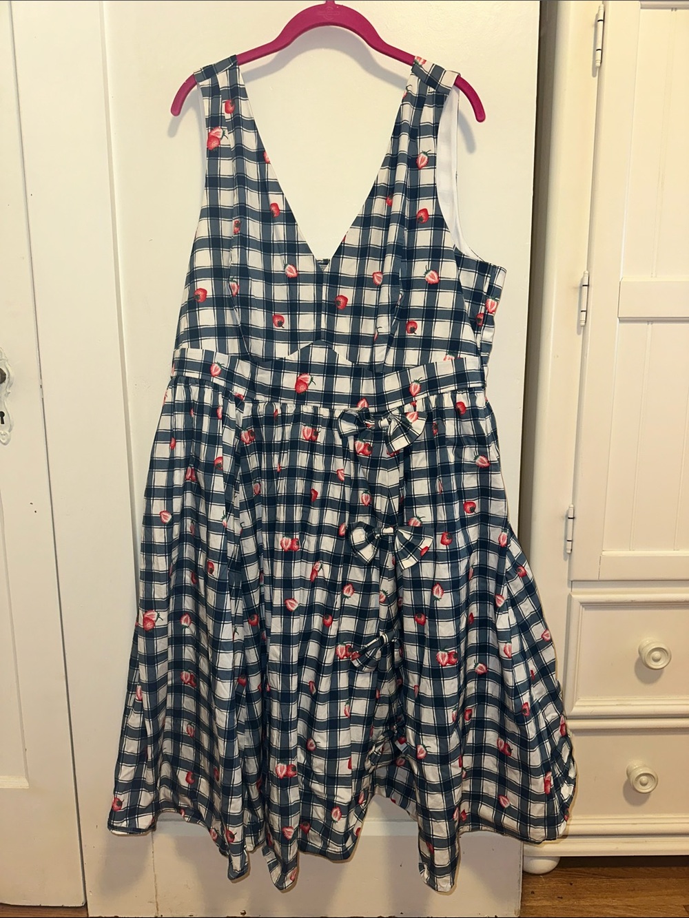 Torrid Retro Chic V-Neck Bow Dress in Strawberry Plaid Blue